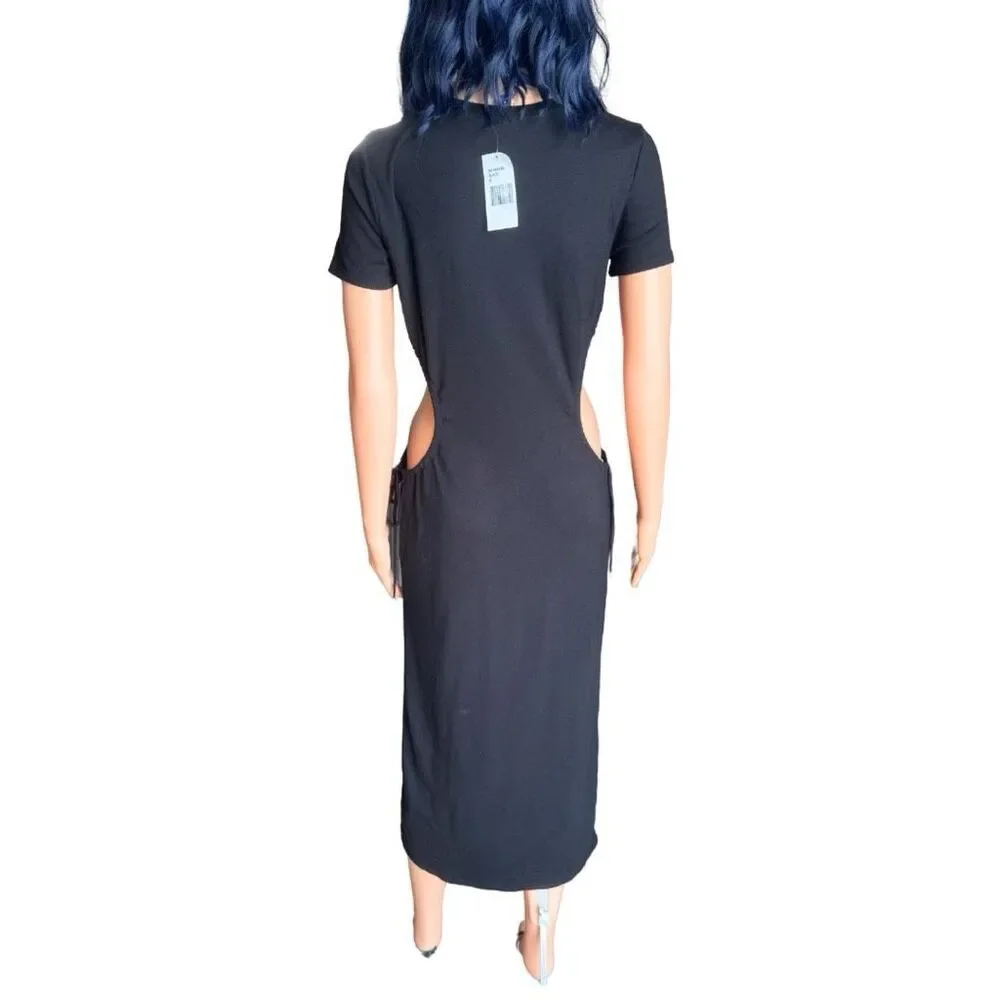 NWT FORE Dress Small Black Side Cutout Midi Short Sleeve Tie Waist Party Club